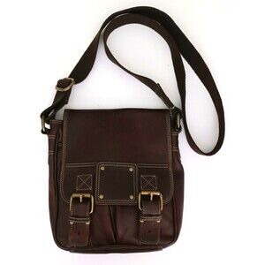 VTG Fossil 54 Dk Brown Leather Messenger Crossbody Bag Flap Front Brass Buckles